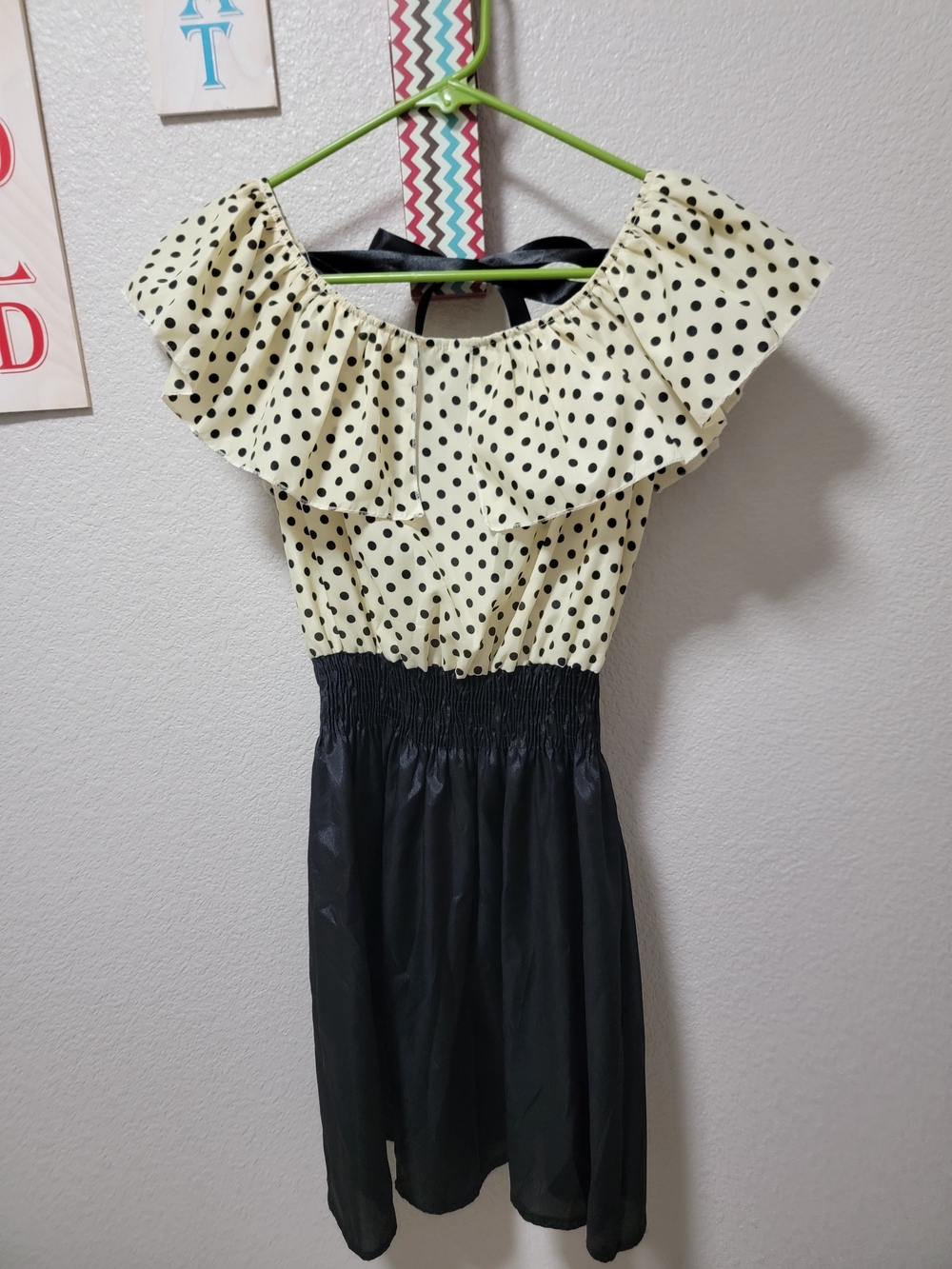 Polka Dot Ruffle Off-Shoulder Dress in Cream and Black